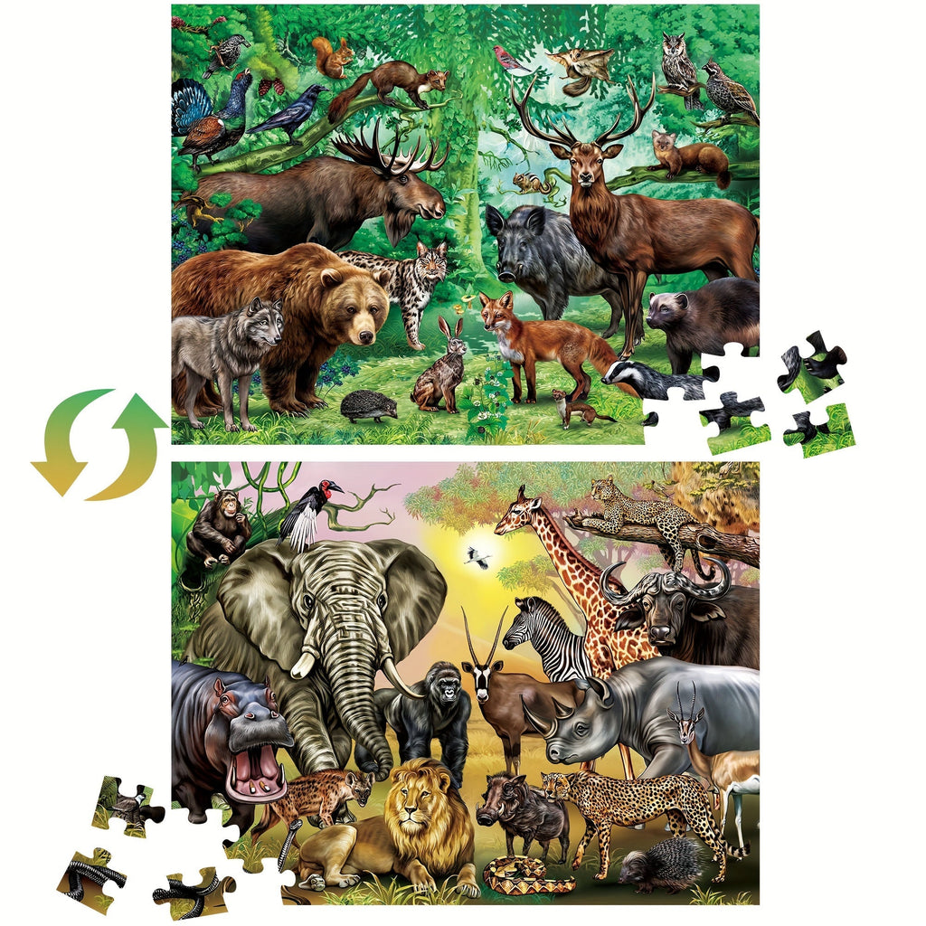 Double Sided Puzzle for Kids 100 Pieces Jungle Animals, 2-in-1 Jigsaw Educational Toy for Boys & Girls Ages 3 4 5 6 7 8 — ima