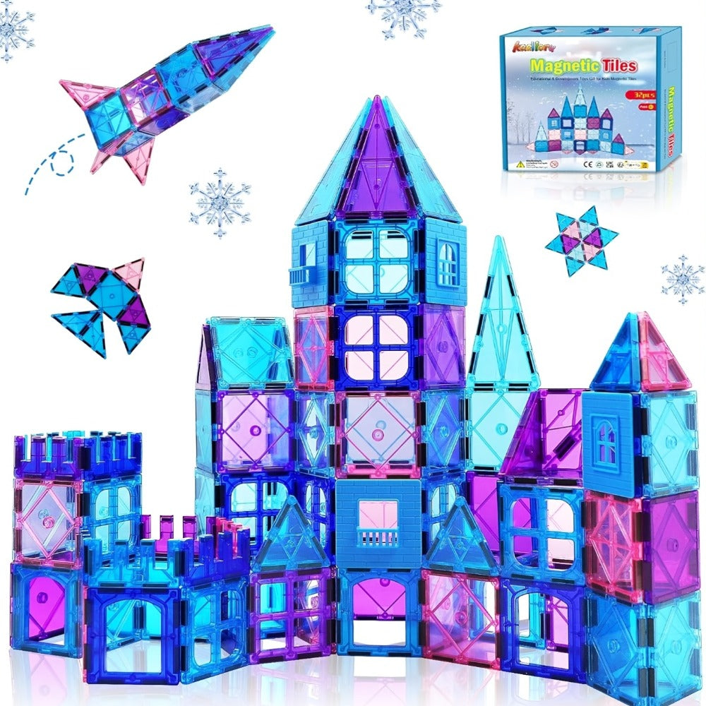 32-Piece Blue and Purple Magnetic Tile Castle Set with Squares, Triangles and Window Pieces — image 1