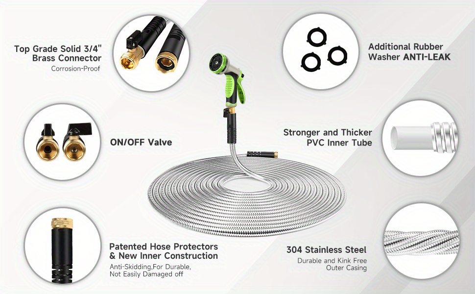 Stainless Steel Metal Garden Hose, Kink-Free, 10-Function Nozzle, Brass Fittings, 10FT to 150FT — image 10