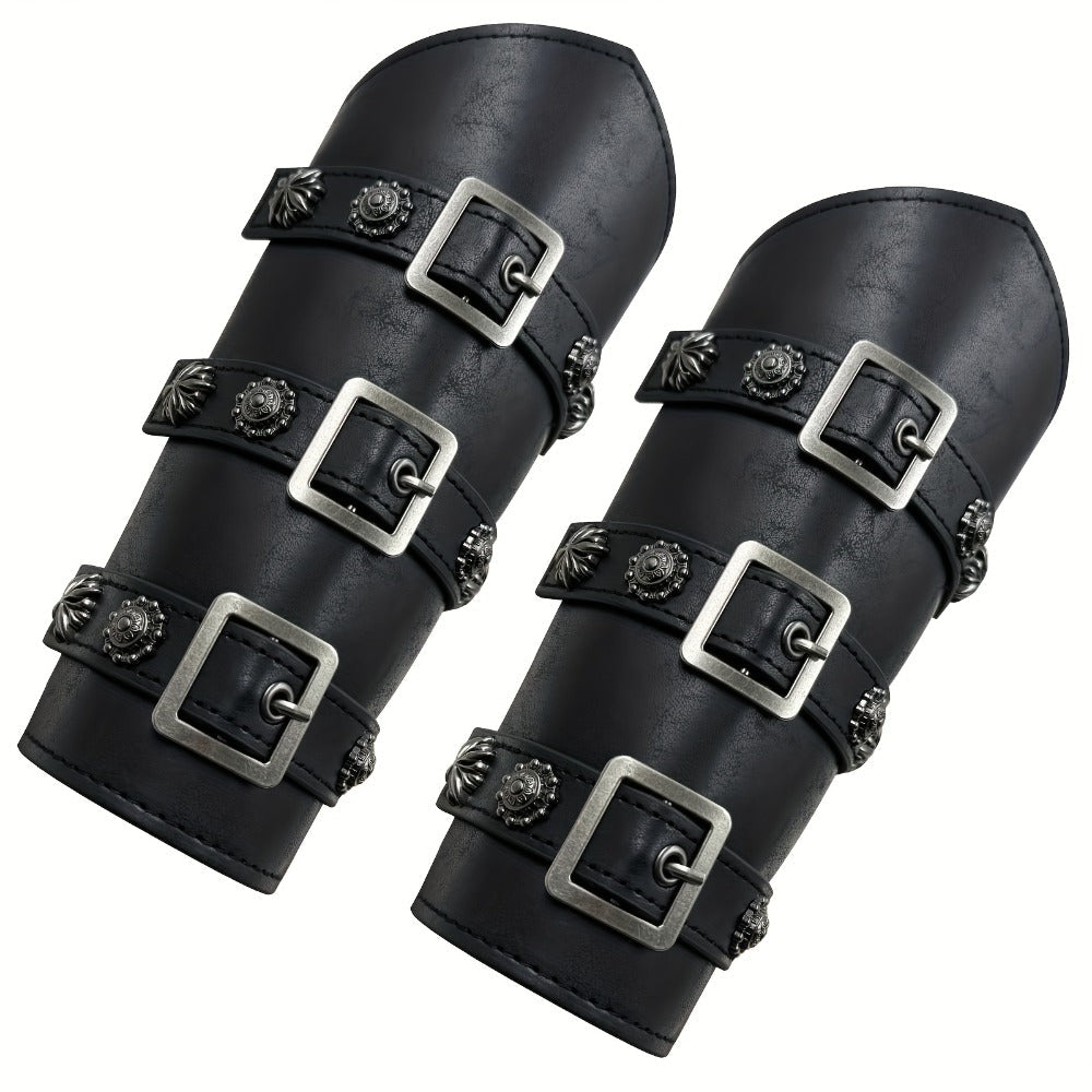 Viking Medieval Leather Arm Guards Bracers – PU Leather Knight Gauntlets Adjustable Metal Buckles Rivets for Men Women Hallow