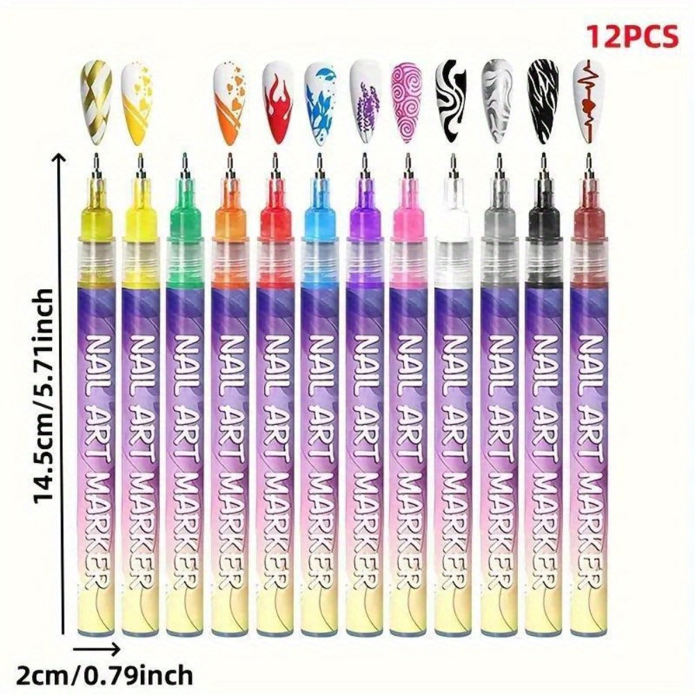 Metal Rod Nylon Brush Nail Art Pen Set 12 Colors – Acrylic Paint Pens for 3D Doodle Dot & Stitching Nail Design — image 2