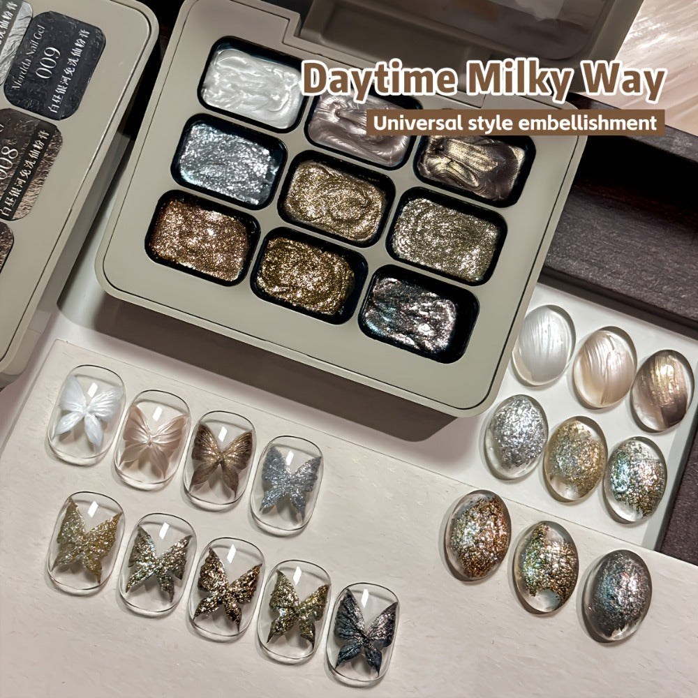 Shimmer Nail Art Gel Nine-Color Grid Palette with Metallic Neutral or Milky Way Color Selection — image 8