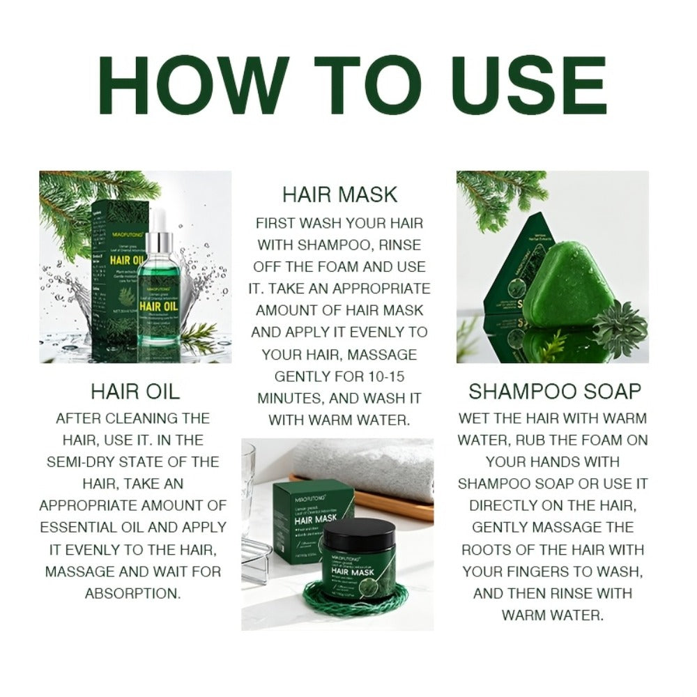 Three-Piece Usman Grass Hair Care Kit with 120g Triangular Shampoo Bar, Oil and Mask Formats — image 9