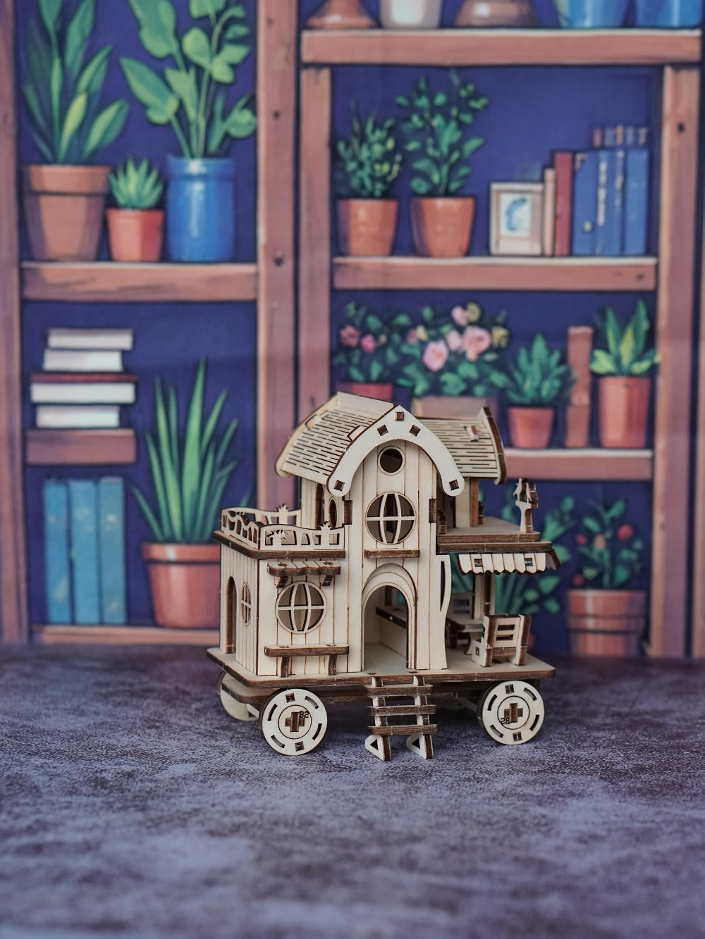 3D Wooden Puzzle Mobile Home on Wheels – DIY Café Bar Model Kit, Handcrafted Miniature House Assembly, Unique Desk Decoration