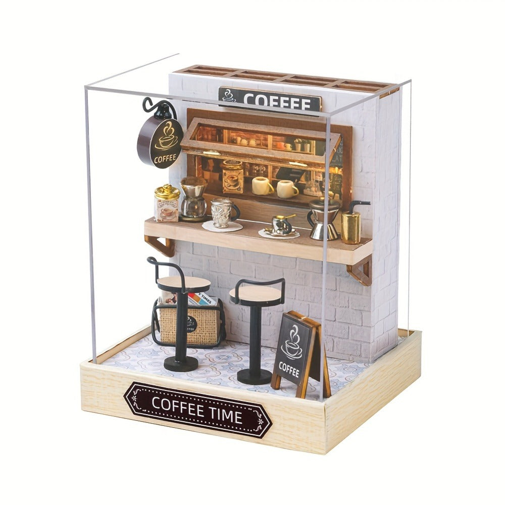DIY Miniature Shop Dollhouse Kit with Dust Cover, Wooden Mini Store Assembly Set, 4 Themes Sakura Noodles Candy Atelier Coffe