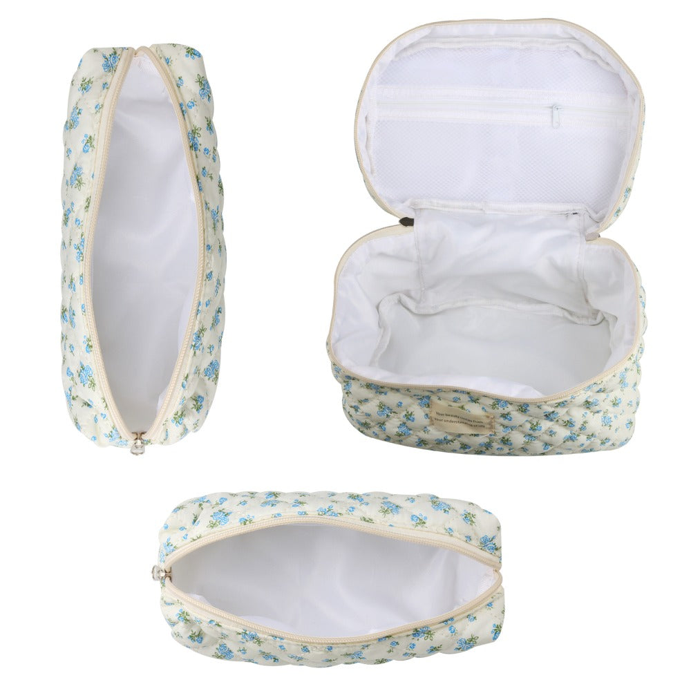 Quilted Floral Makeup Bag Set 3PCS Large Capacity Dual Layer Cotton Cosmetic Bags Coquette Aesthetic Travel Toiletry Organize
