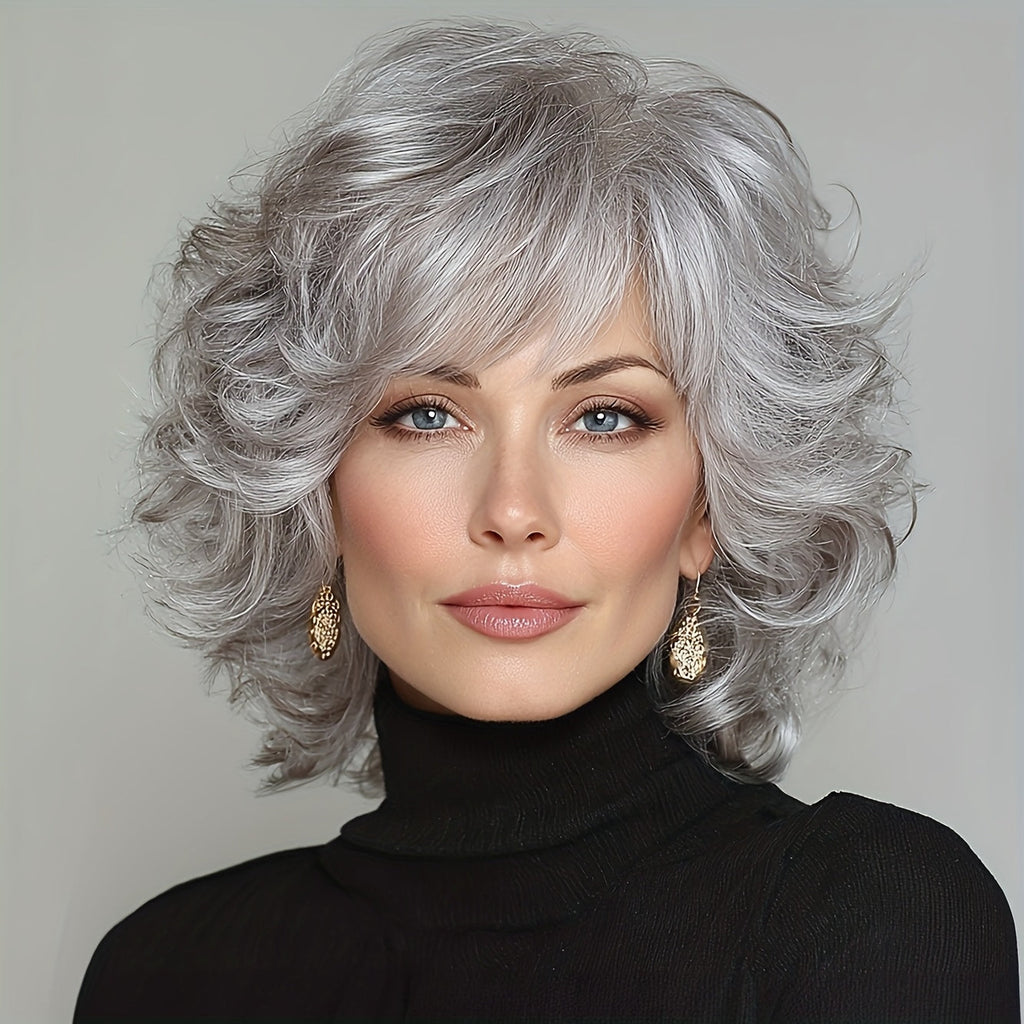 Synthetic Wig 12-Inch Silver Grey Short Curls with Bangs and Adjustable Rose Net Cap for Cosplay Looks — image 8
