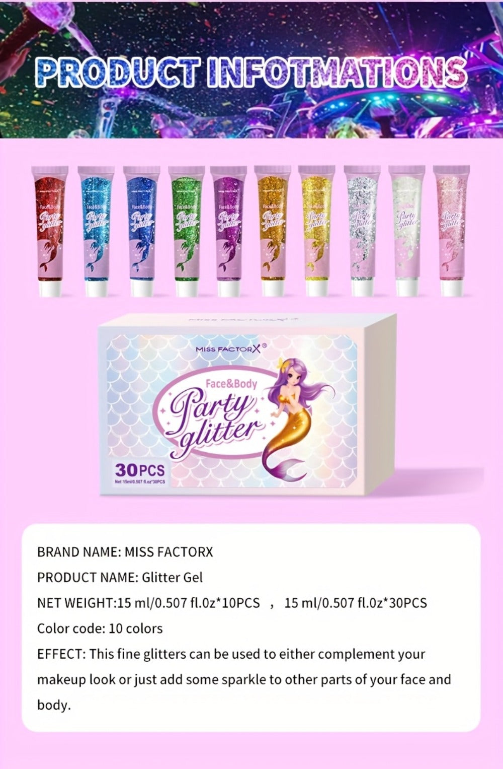 Face Body Glitter Gel Set 30 Pieces – Colorful Shapes Mermaid Sequin Stars Hearts, Transparent Gel Base, Skin-Safe Shimmer Ma