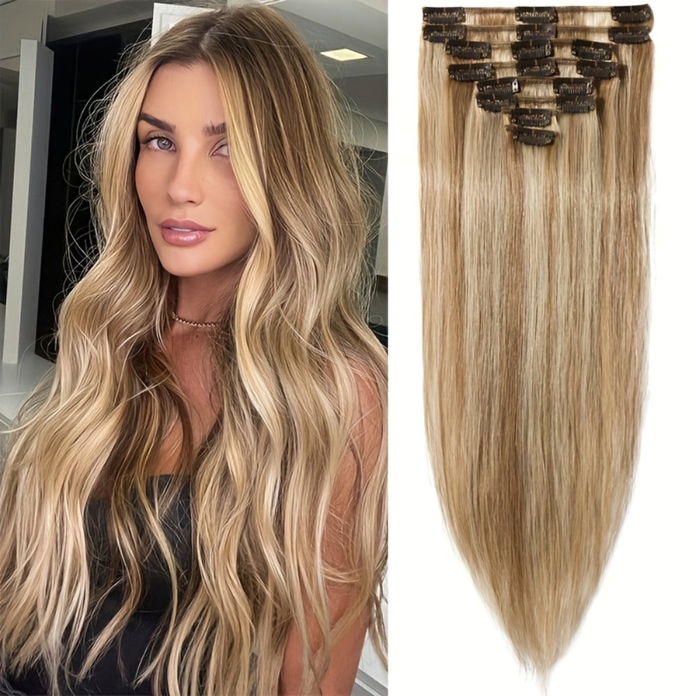 Hair Extensions Straight Remy Human Hair Clip-In Set with Eight Wefts, Highlighted Blonde Colors and 8–24-Inch Lengths — imag