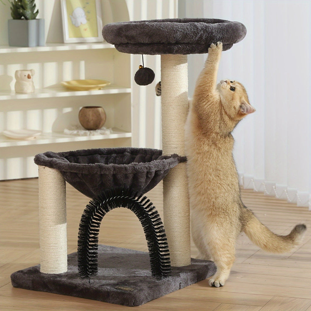 Gray 27.8-Inch Cat Tree with Plush Basket, Top Perch, Scratching Posts, Grooming Arch and Hanging Ball — image 3