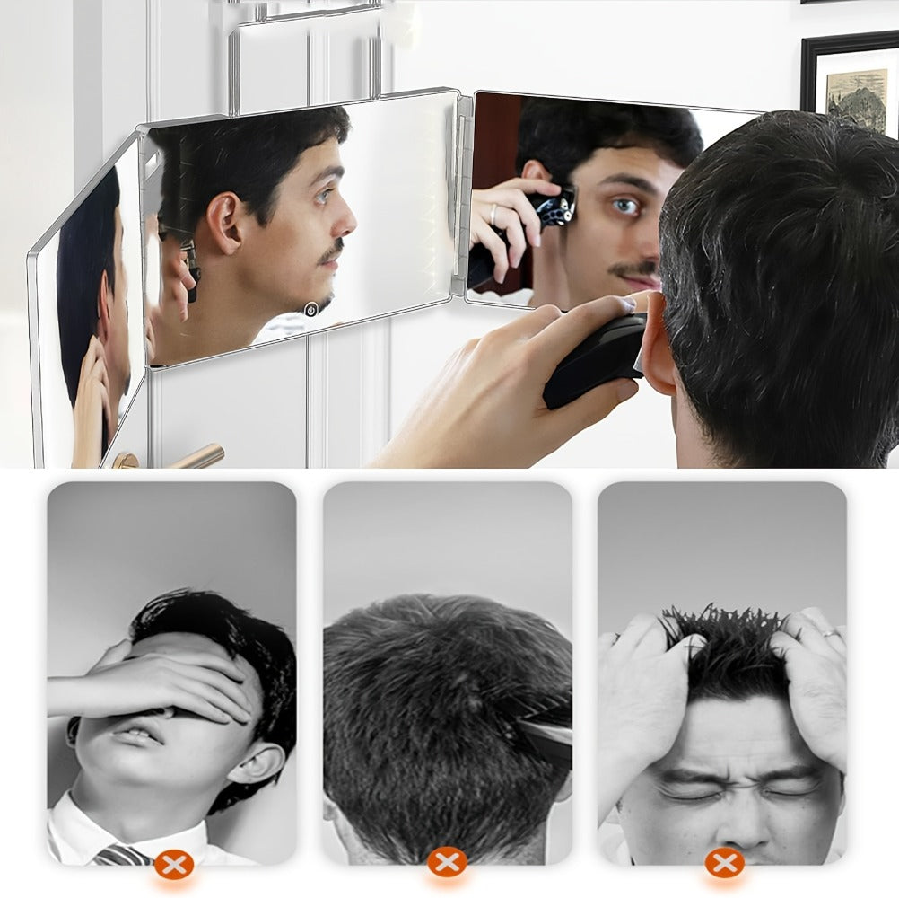 Three-Way Folding Mirror for Haircutting 360° View Anti-Fog HD Glass Height-Adjustable Telescopic Hook – Foldable Three-Sided