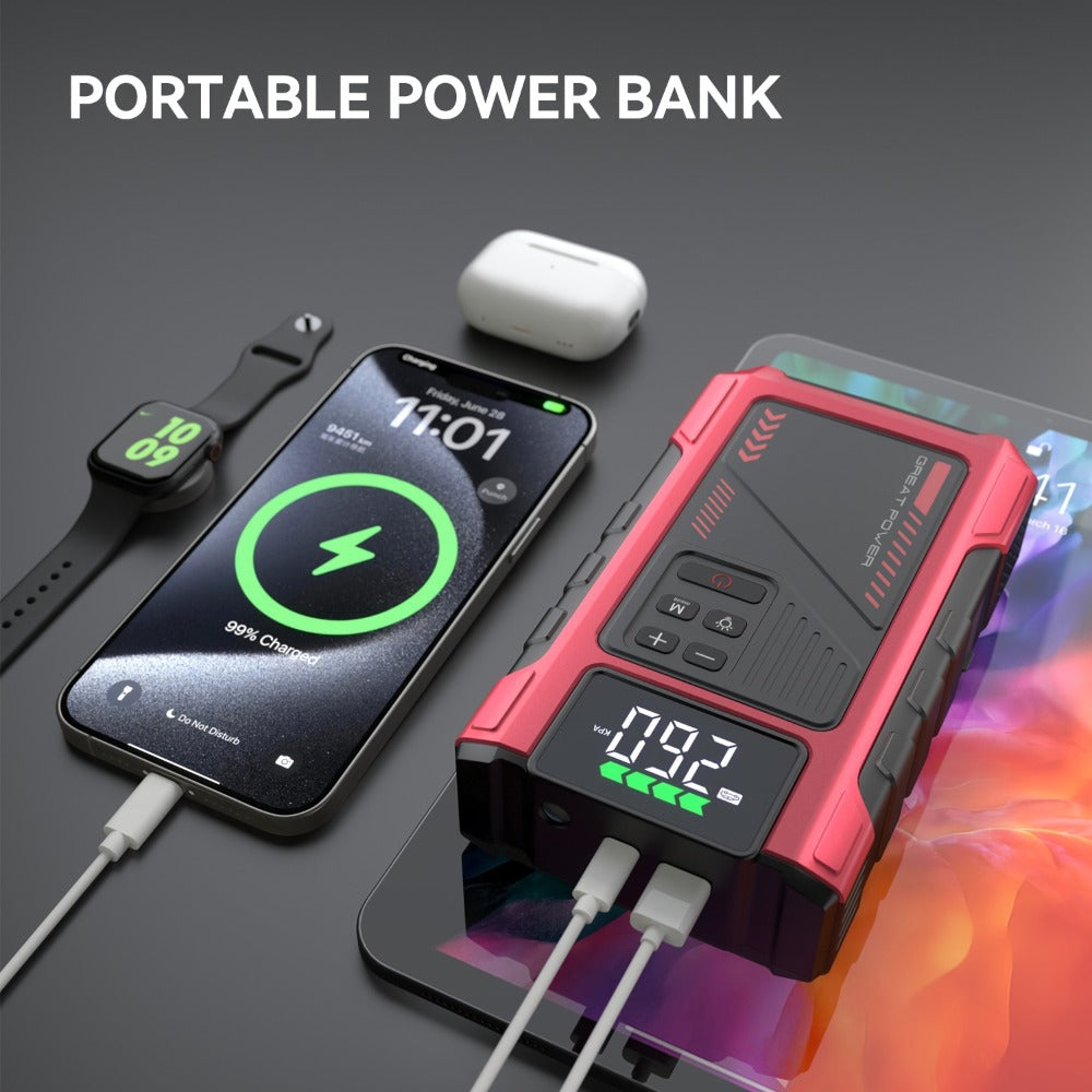 Portable Jump Starter 9-in-1 with Air Compressor – 12V Car Battery Booster for 8.0L Gas & 6.5L Diesel, USB-C, LED Emergency L