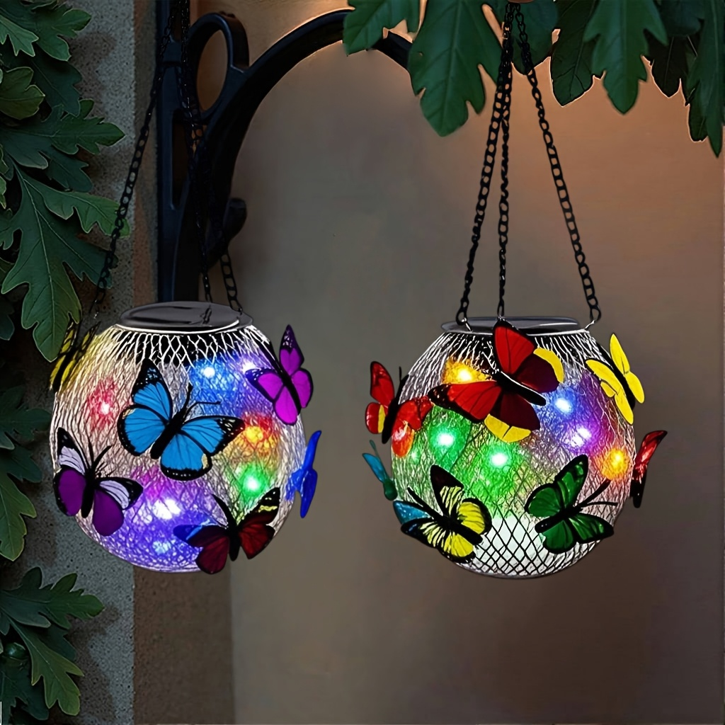 Solar Outdoor Lights 2-Pack Metal Butterfly Hanging Lanterns in Warm White or Multicolor for Porch Decor — image 12
