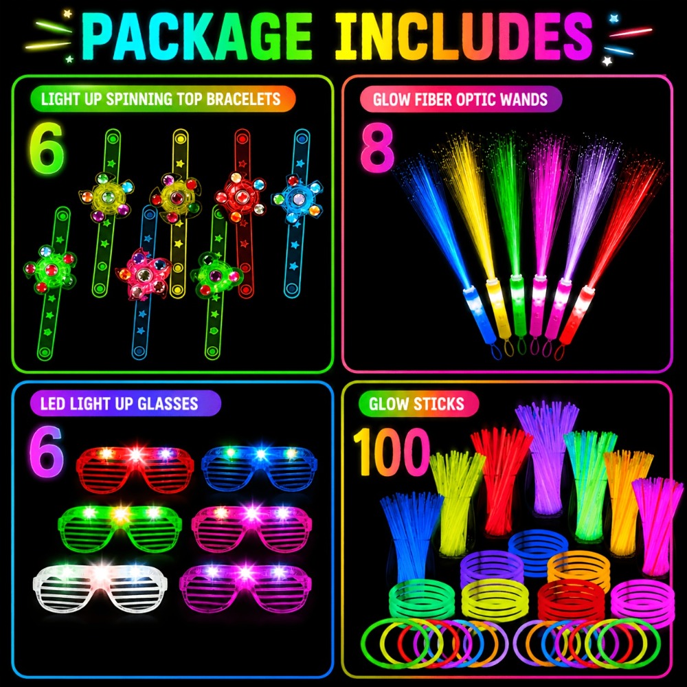 Neon Glow Accessory Party Supplies Set with 120 Pieces including Glasses, Rings, Sticks and Hair Clips — image 7