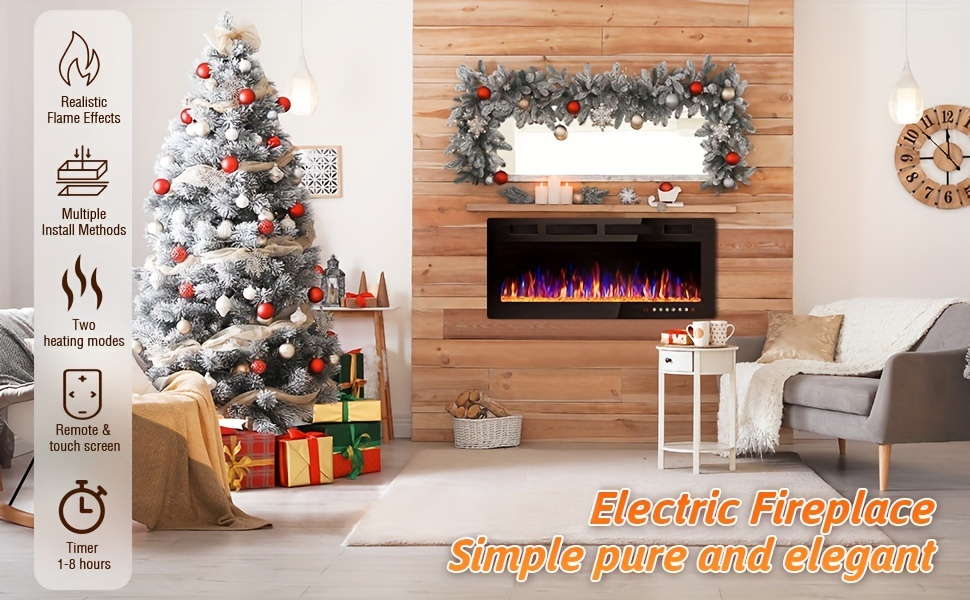 Wall Mounted Electric Fireplace Recessed In-Wall Linear Heater Multicolor Flame 750W/1500W Touch Screen for Garden, Patio and