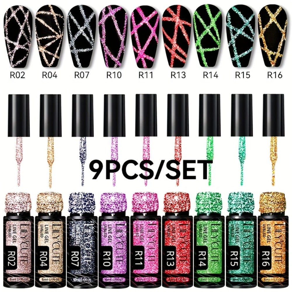 Gel Nail Polish Nine-Piece Reflective Glitter Line Set, 5ml Each for Stripes and Graffiti Nail Art — image 2