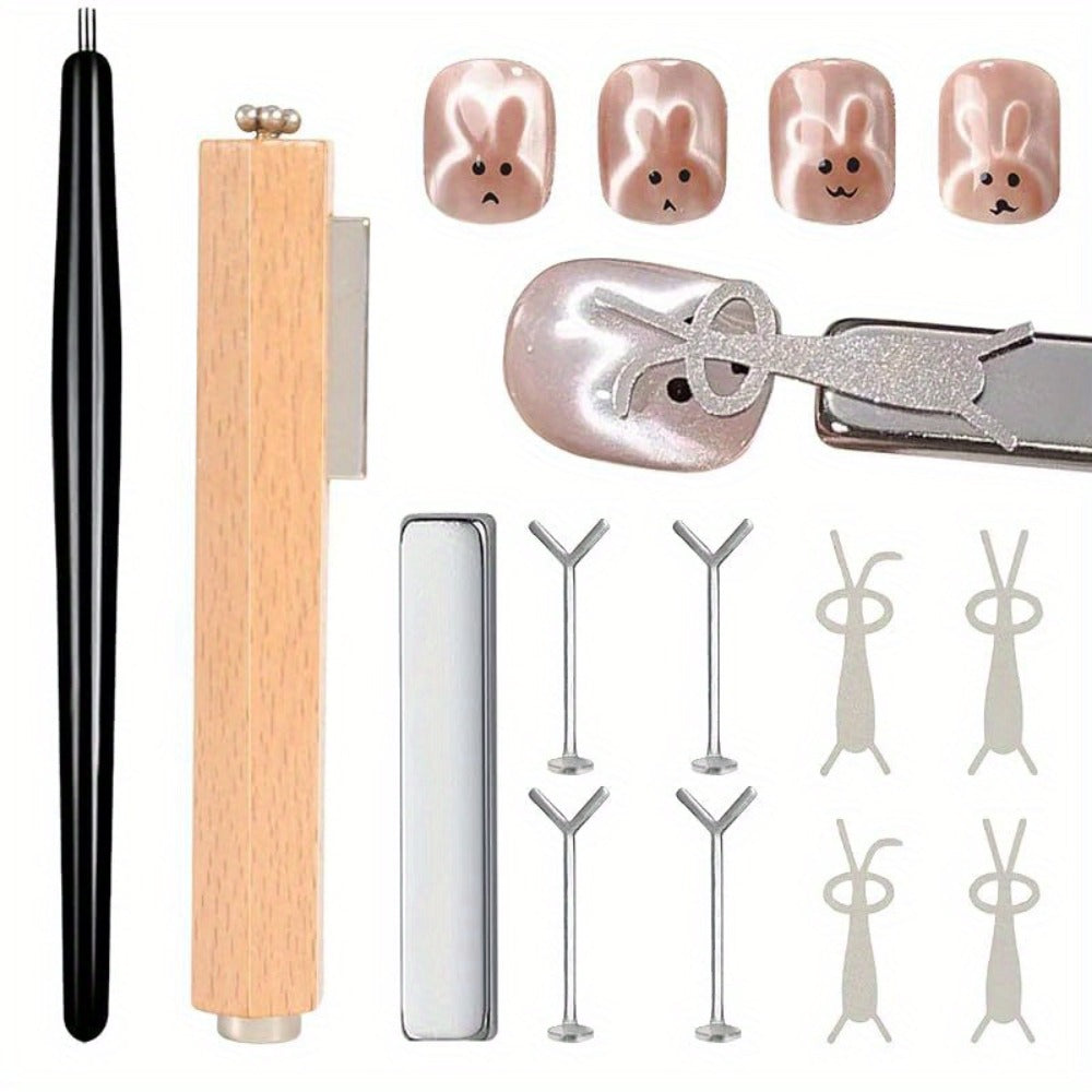 Cat Eye Nail Magnet Set 11pcs – 3-in-1 Magnet Stick with Heart & Bunny Designs, Strong Magnetic Tool for Cat Eye Gel Polish N