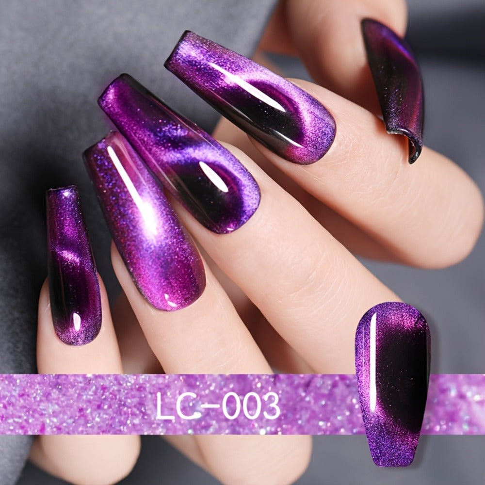 Gel Nail Polish 8-Piece Aurora Magnetic Cat-Eye Set with Black-Crystal Glitter and 3D Light-Shifting Finish for UV/LED Cure —