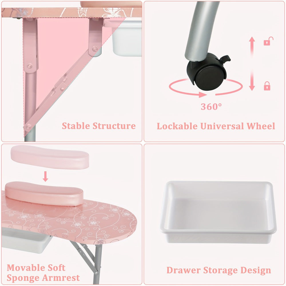 Foldable Nail Table with LED Lamp Drawer Lockable Wheels Wrist Cushion & Carrying Bag, Portable Manicure — image 6