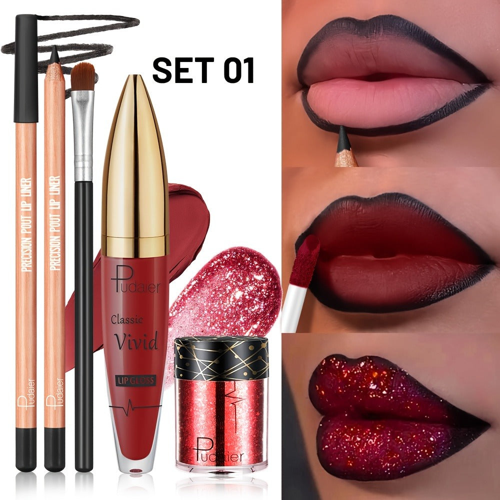 Four-Piece Glitter Lip Art Set with Loose Glitter Pot, Color Tube, Liner Pencil and Applicator Brush — image 1