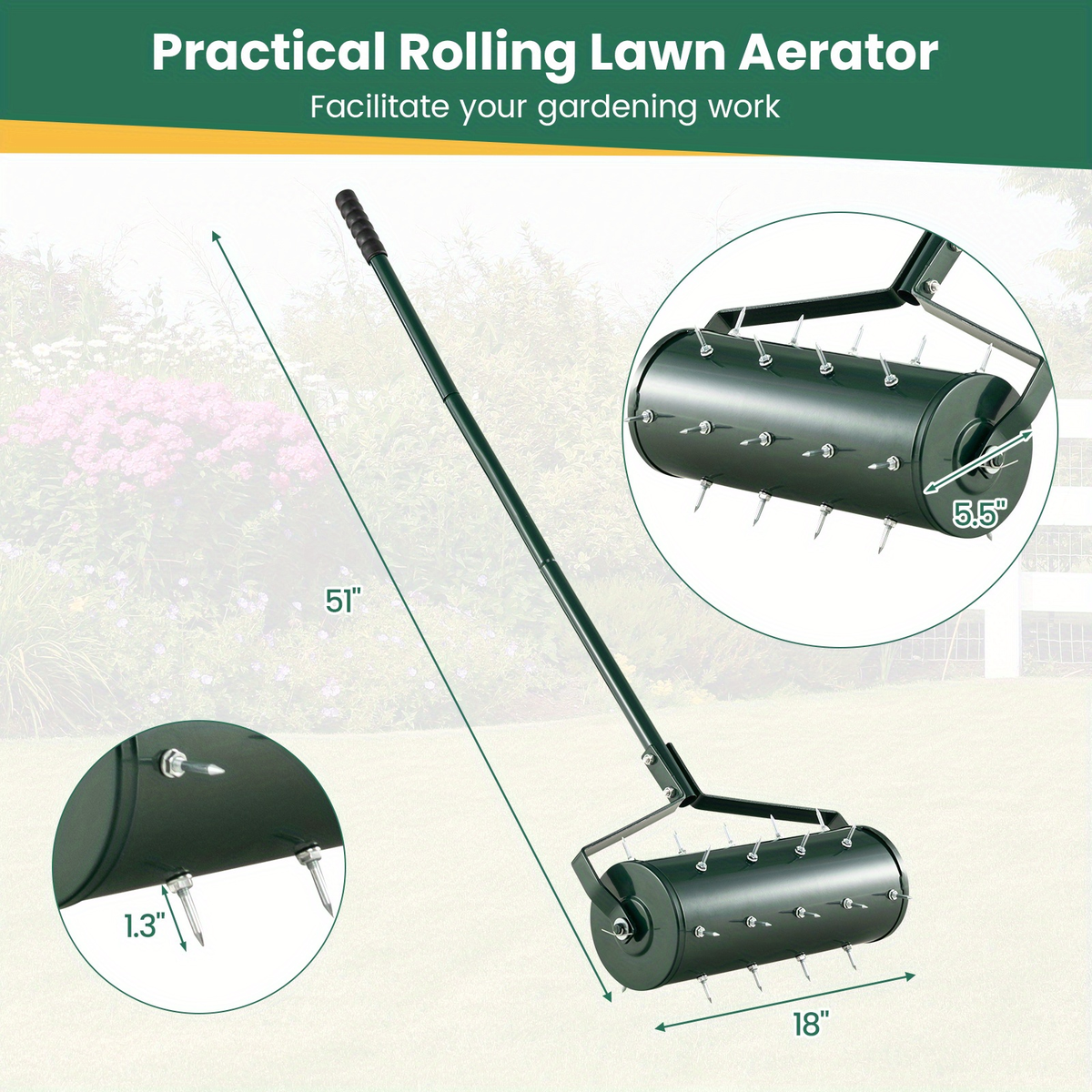 Rotary Lawn Aerator 18" Spike Drum with 27 Galvanized Steel Spikes, Fillable with Sand or Stone — image 3