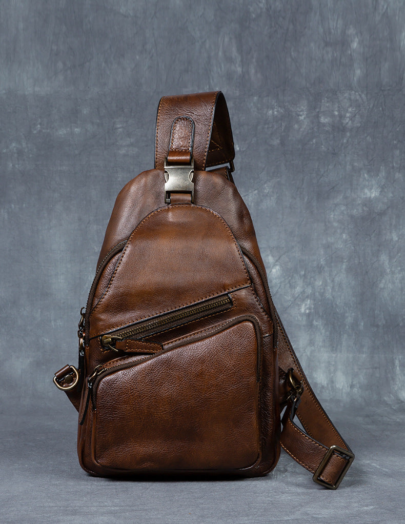 Men's Chest Crossbody Genuine Leather Retro Hand-rubbed Large Capacity Messenger Bag