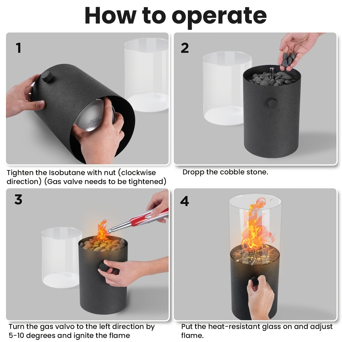 Fire Bowl Tabletop Fire Pit Indoor Outdoor Butane Fuel Mini Portable Fireplace with Glass Wind Guard for Garden, Patio and Ya