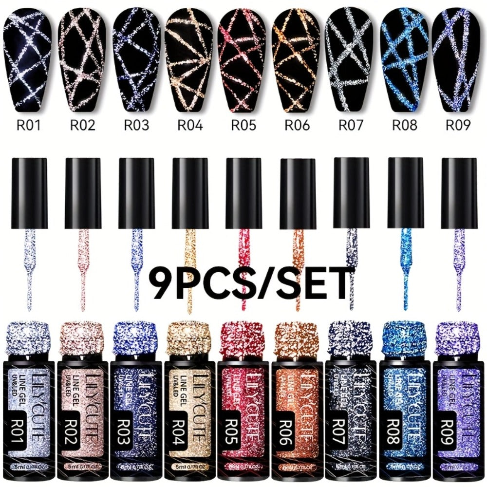 Gel Nail Polish Nine-Piece Reflective Glitter Line Set, 5ml Each for Stripes and Graffiti Nail Art — image 1