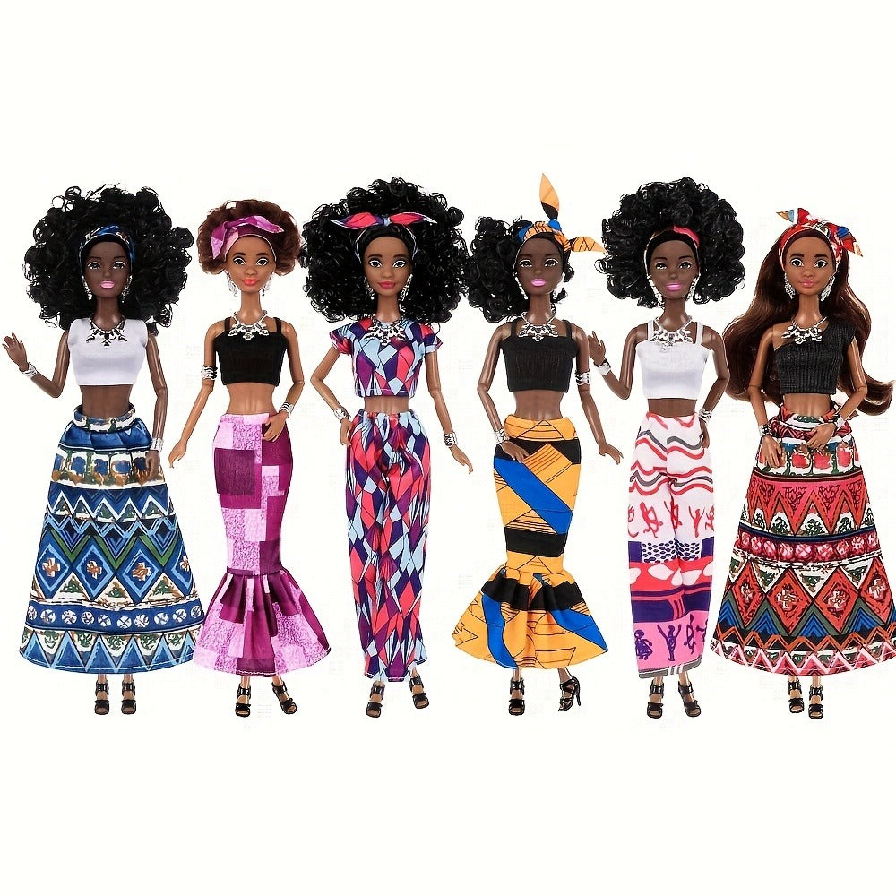 Six-Piece 11.5-Inch Fashion Doll Set with Curly-Hair Styles, Bohemian Outfits, Headbands and Jewelry — image 2