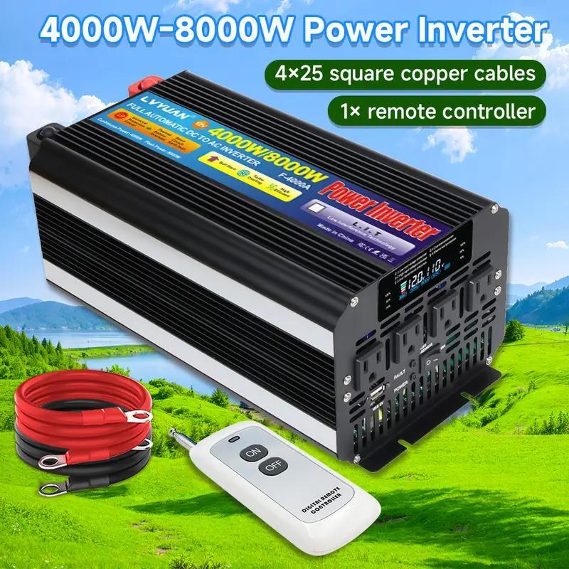 Pure Sine Wave Power Inverter 4000W 8000W Peak DC 12V to AC 110V with LCD Display Remote Control 4 AC for Garden, Patio and Y