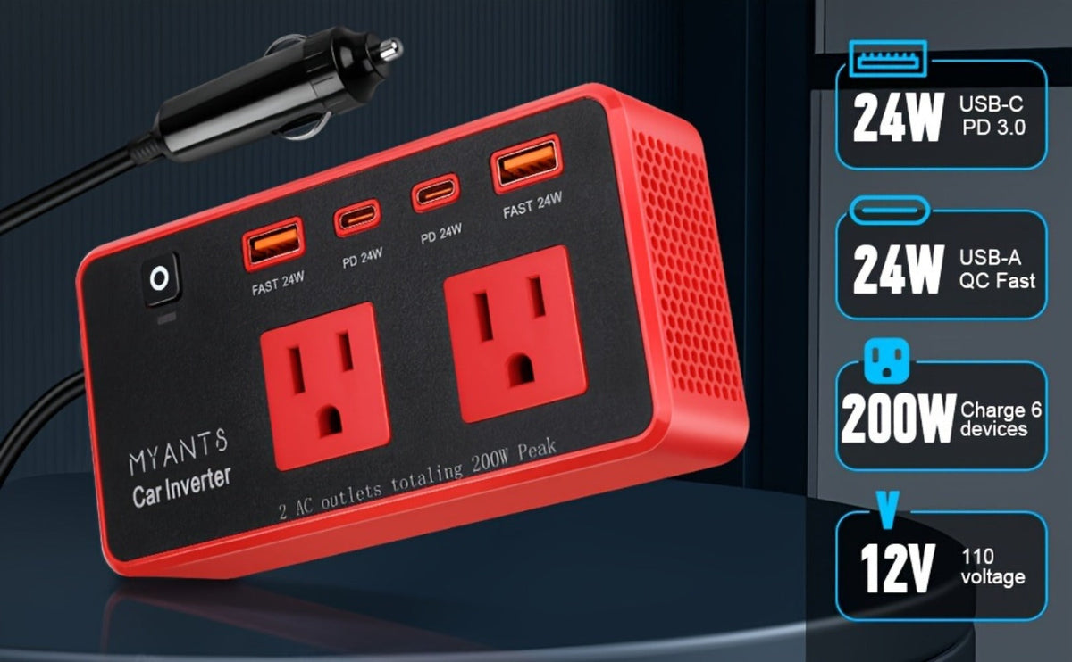 Car Power Inverter 200W – 12V DC to 110V AC, 4 USB Ports (PD & QC 3.0), Fast Charging Car Outlet Adapter for Road Trips — ima