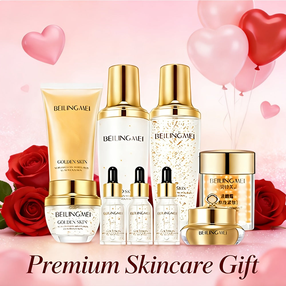 Skincare Gift Set for Women 9pcs Golden Luxury Kit, Niacinamide Collagen Hyaluronic Acid Daily Facial Care Premium Birthday H