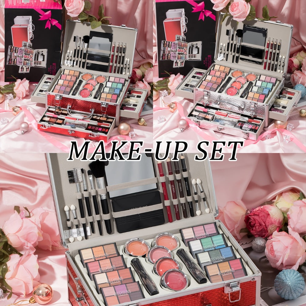 106-Piece Makeup Case Set with Red or Silver Carry Case, Fold-Out Color Palettes, Lip Products and Ten Makeup Brushes — image