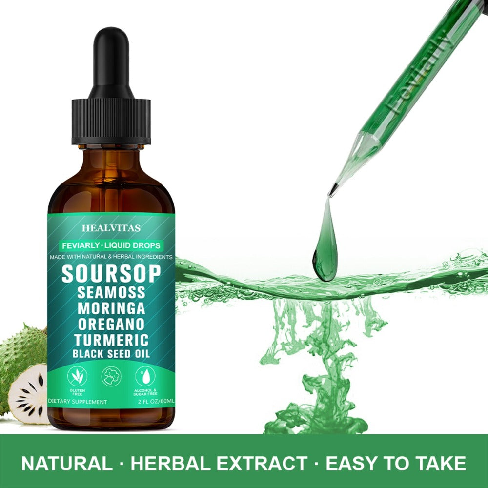 Soursop Bitters Liquid Supplement 2oz 10-in-1 with Seaweed Moringa Turmeric Black Seed Oil & Oregano Herbal Extracts — image 