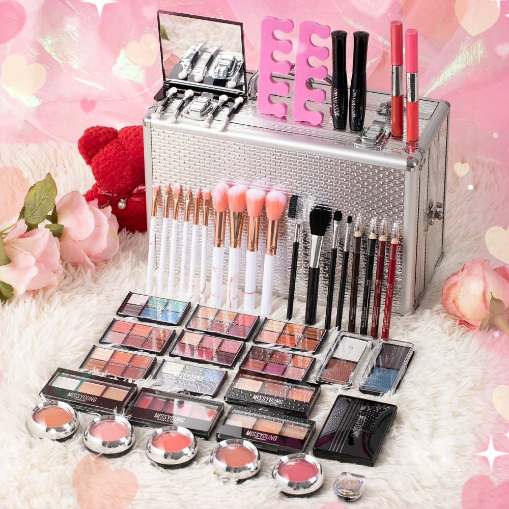 106-Piece Makeup Case Set with Red or Silver Carry Case, Fold-Out Color Palettes, Lip Products and Ten Makeup Brushes — image
