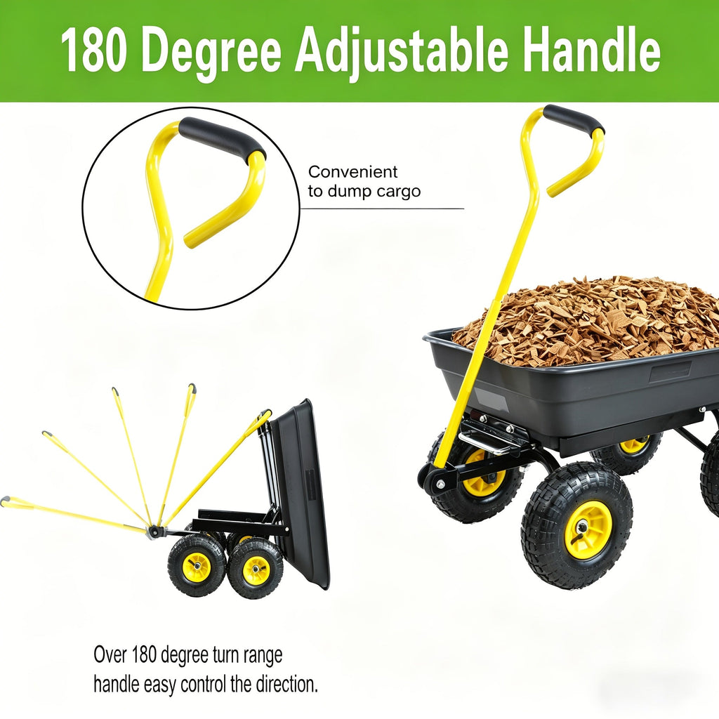 Garden Dump Cart 4-Wheel Steel Frame Poly Bed Quick-Release Dump Feature Foldable D-Handle Yard Wagon for Landscaping Lawn — 