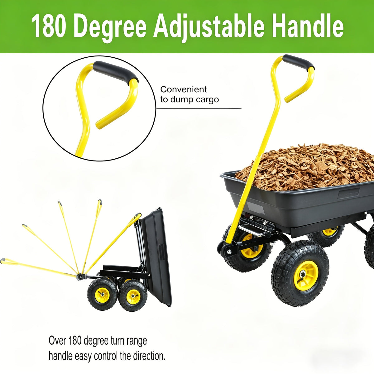Garden Dump Cart 4-Wheel Steel Frame Poly Bed Quick-Release Dump Feature Foldable D-Handle Yard Wagon for Landscaping Lawn — 