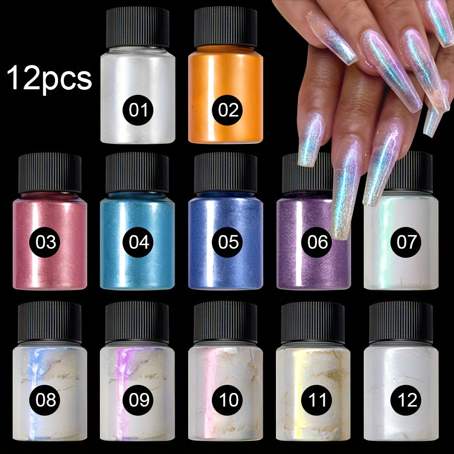 Aurora Nail Powder 12 Colors Chrome Pearl Glitter Neon Dust Holographic Iridescent Pigment Set for Chrome — image 8