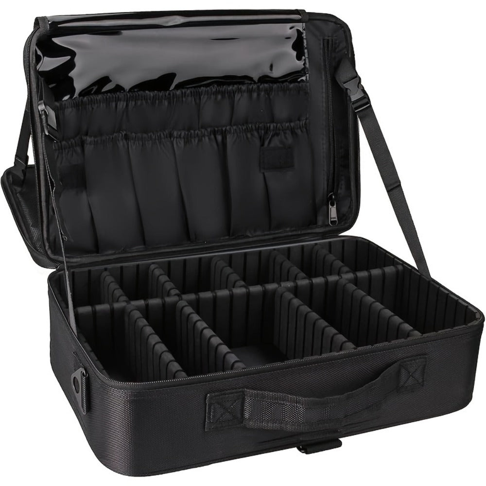 Black 15.8-Inch Soft Makeup Train Case with Three-Layer Interior, Brush Panel and Shoulder Strap — image 16