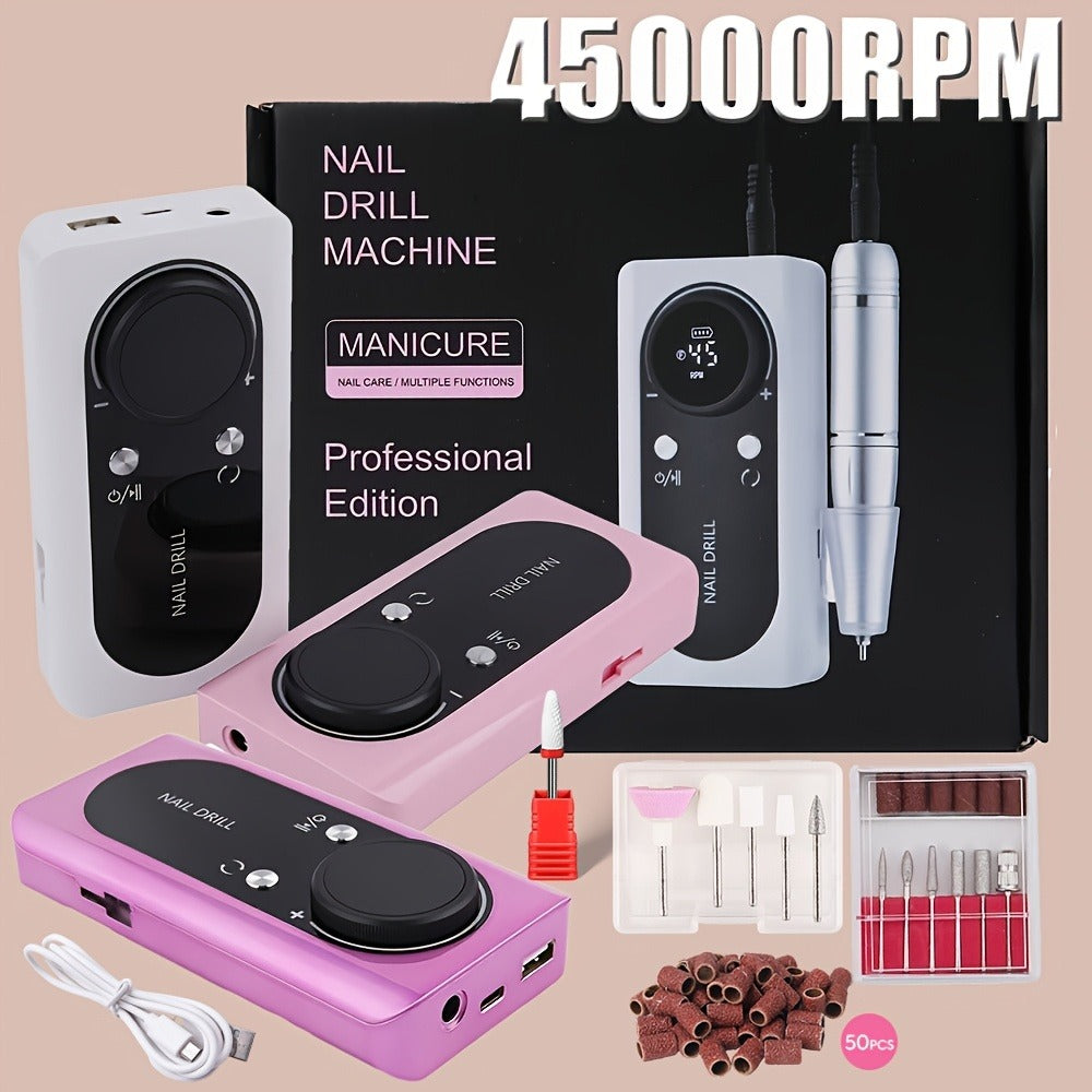 Low Noise Nail Drill Machine 45000RPM Rechargeable with LCD Display – Quiet Electric E-File for Gel Polish Acrylic Natural Na