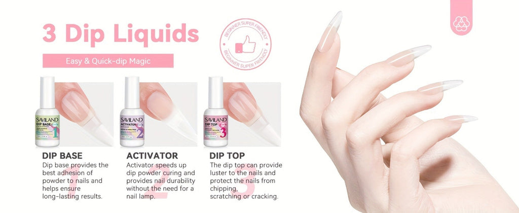 Dip Powder Nail Kit with SAVILAND Label, 60g Clear Powder, Three 15ml Liquids, Files, Buffer and Brush — image 13