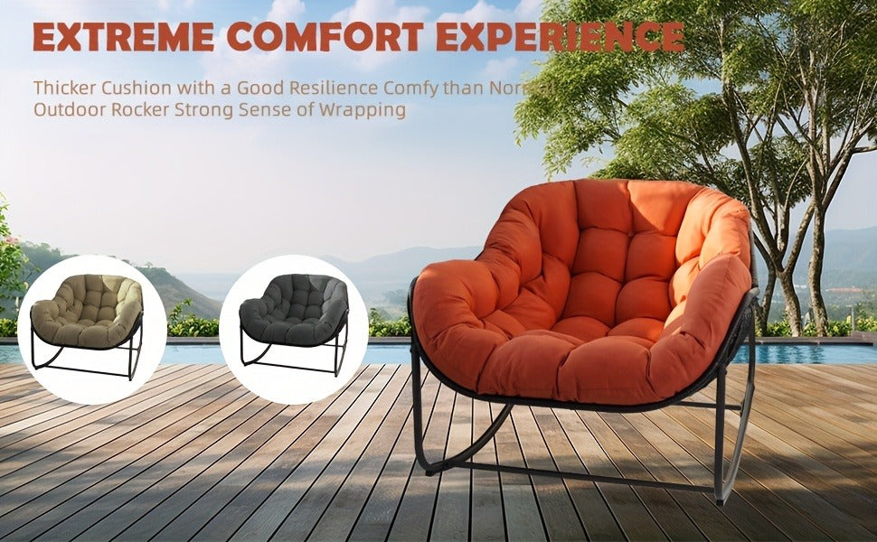 Papasan Rocking Chair Outdoor Wicker Egg Chair with Cushion & Pillow, Large Patio Rocker for Garden — image 20