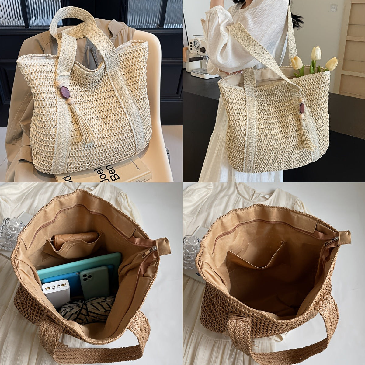 Woven Tote Bag with Tassel and Large Beach Storage for Women — image 23