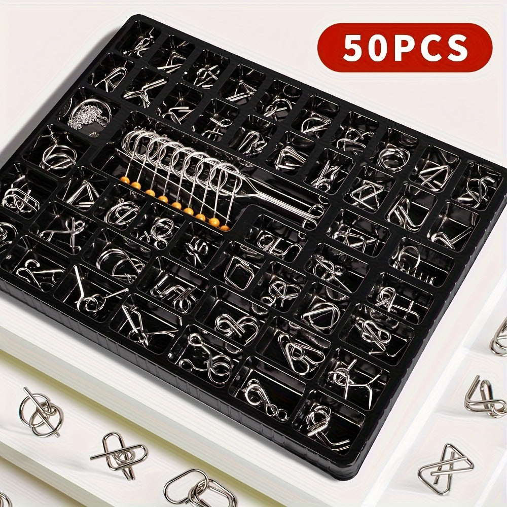 Metal Brain Teaser Puzzle Set 50 Pack, Golden Unlock Iron Chain Link Toys, Nine Rings Kongming Lock — image 1