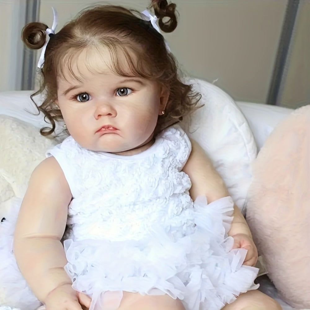 Reborn Baby Doll 24-Inch Cloth Body with Vinyl Limbs, Rooted Brown Hair, Acrylic Eyes and White Outfit Set — image 1