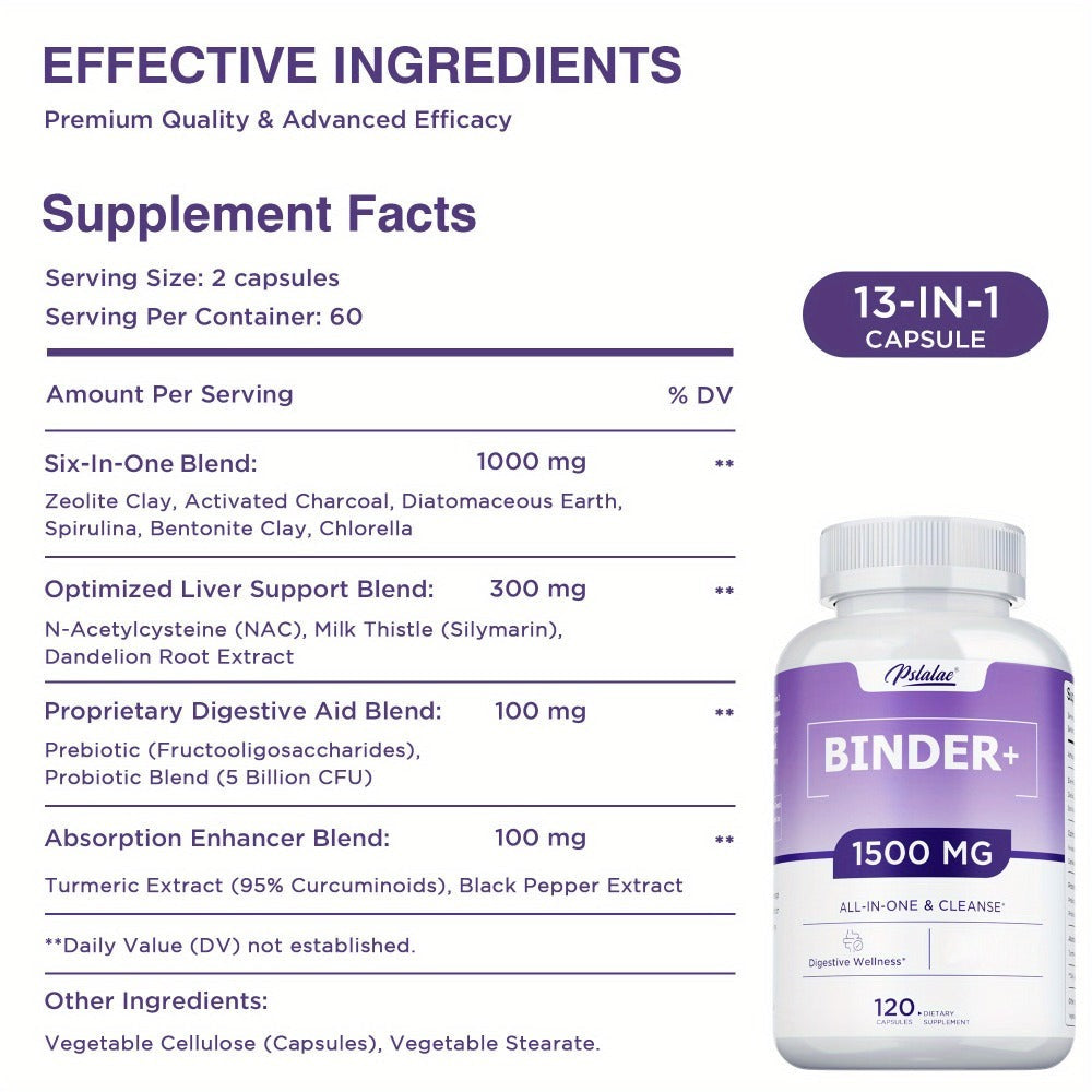 Dietary Supplement 13-in-1 Binder Capsules with Activated Charcoal, Zeolite and Bentonite Clay, 120 Count — image 2