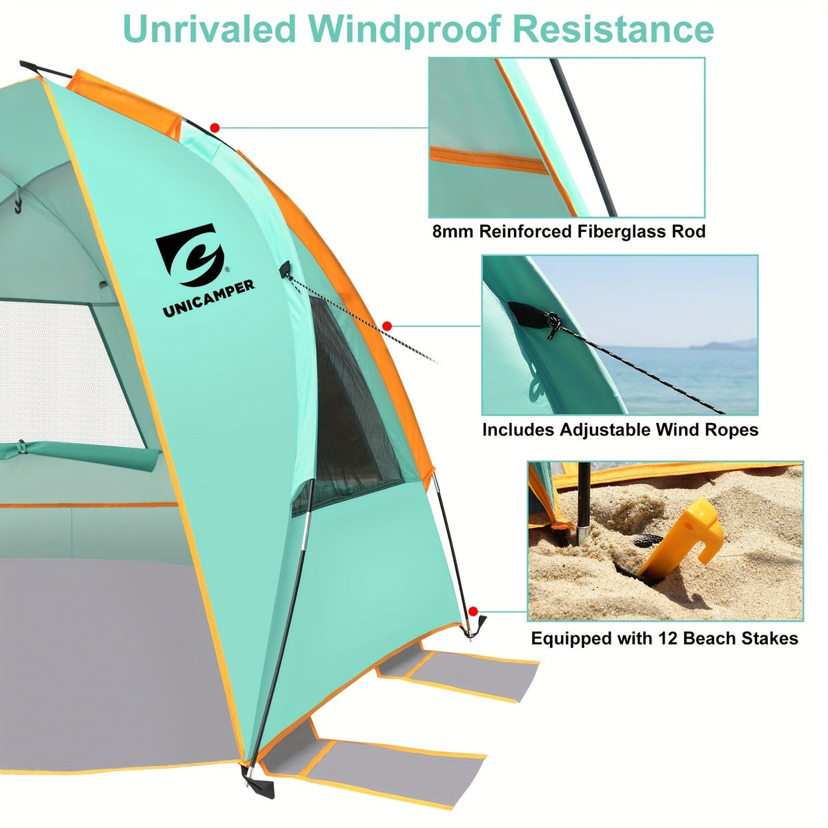 Three-Window Beach Sun Shelter with Extended Floor, 12 Stakes and Green or Blue Options Pictured — image 4