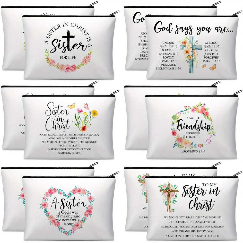 Twelve-Piece Faith-Themed Makeup Bag Set with Six Printed Designs, Mixed Colors and Black Zippers — image 1