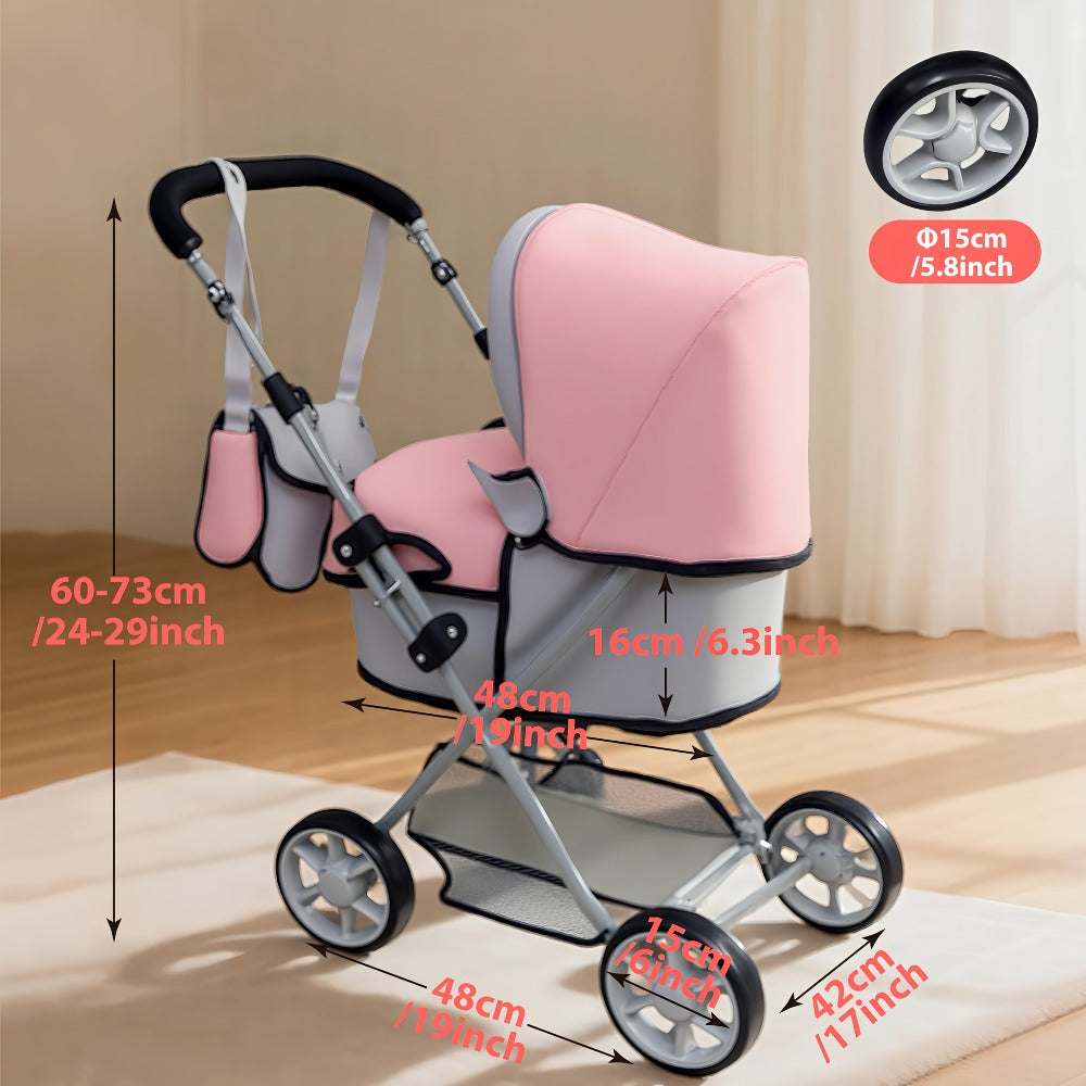 Foldable Doll Stroller with Adjustable Handle 39-68cm, Grey & Pink Baby Doll Pram for 16-20 Inch Dolls — image 3