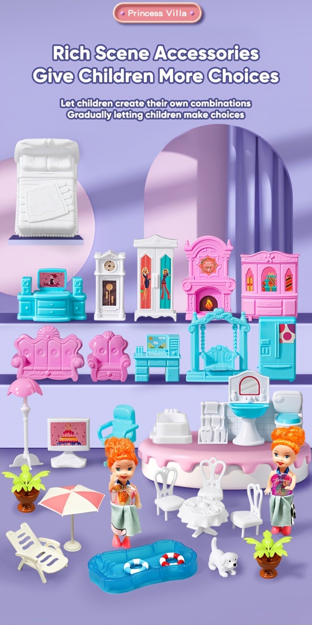 LED Dollhouse Playset for Girls, Purple Multi-Room Playhouse with Doll Figures, Puppies, Furniture & LED Lighting — image 21